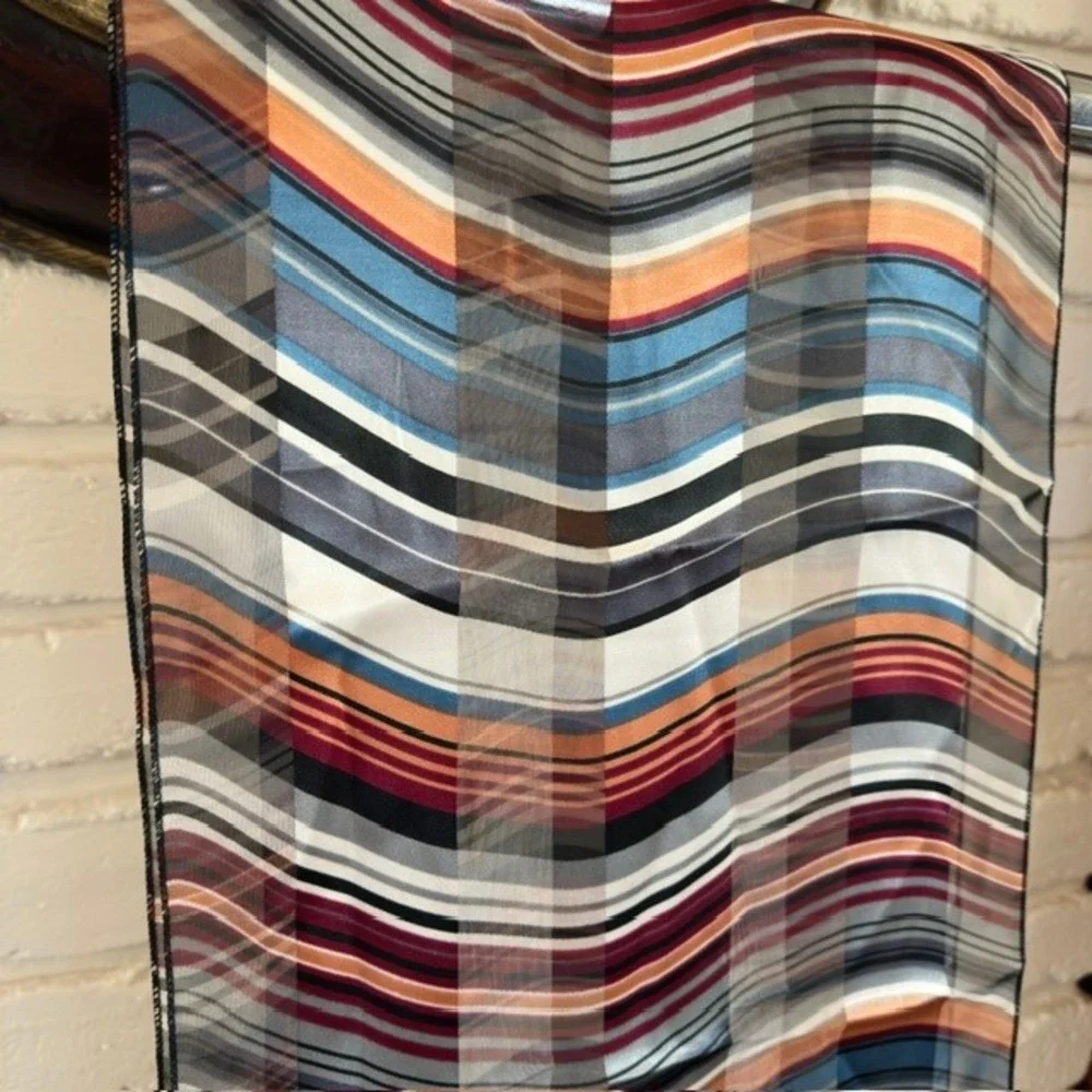 Vintage‎ Sheer Silk Chiffon Scarf Retro Geometric Wave Stripe Multi Color